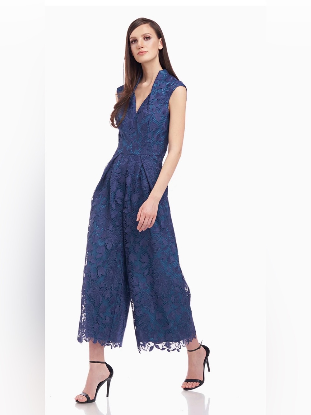Kay Unger Navy Floral Lace V‑Neck Jumpsuit - Picture 1 of 7